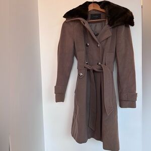 Tahari Double Breasted Peacoat with Faux Fur Collar